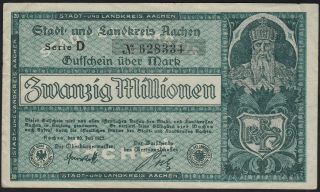 1923 20 Million Mark Aachen Germany Old Vintage Emergency Money Banknote Vf