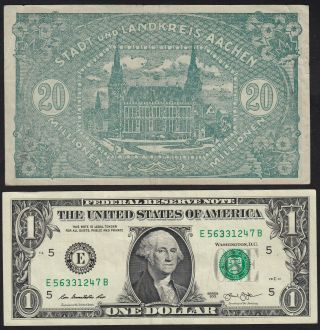 1923 20 Million Mark Aachen Germany Old Vintage Emergency Money Banknote VF 2