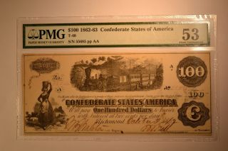 T40 $100 1862 Pf - 1 Cr.  298.  Pmg About Uncirculated 53.
