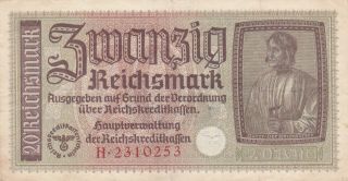 20 Reichsmark Very Fine Banknote From Nazi Occupied Territories 1940 Pick - R139
