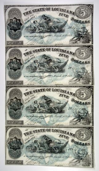 Shreveport.  State Of Louisiana.  Uncut Sheet $5 1863 Obsolete Currency Au