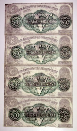 Shreveport.  State of Louisiana.  Uncut Sheet $5 1863 Obsolete Currency AU 2