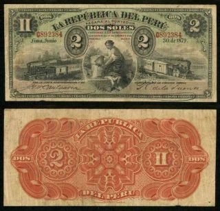 1879 Scarce Currency Republic Of Peru Two Soles Banknote Pick Number 2 Fine