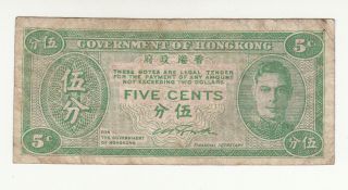 Hong Kong 5 Cents 1945 Circ.  P322 @