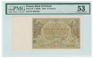1929 Poland 10 Zlotych Certified Banknote Pmg 53 About Uncirculated Au
