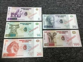 5 Banque Centrale Du Congo Specimen Note Set 5 - 10 - 20 - 50 - 100 Francs 000000 Serial