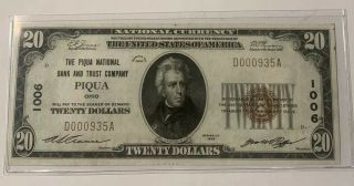 1929 $20 National Bank Note Piqua Ohio Low Serial Number Ch Au Crisp Twenty
