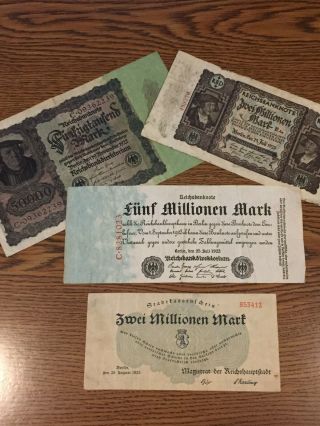 4 German Bank Notes 1922 - 1923 Reichsbanknote Millionen Mark 2