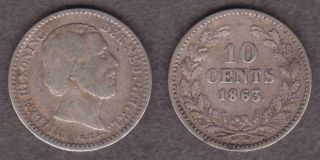 1863 Netherlands Silver 10 Cents King Willem Iii - - - Fsdu