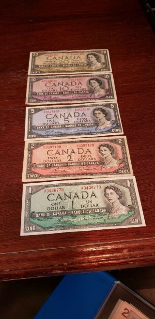 1954 Canada Canadian Bank Note Set $1,  $2,  $5,  $10 $20 5 Bills Circulated