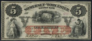 $5 Nov 1,  1864 The Somerset & Worcester Sb Maryland " Five " Red Panel Bt8807