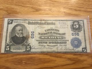 1902 $5 The Farmers National Bank Of Reading Pennsylvania Note Charter 696