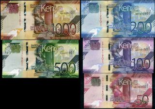 Kenya Set 5 Unc 50 100 200 500 1,  000 Shillings 2019 P Colorful Unc Nr