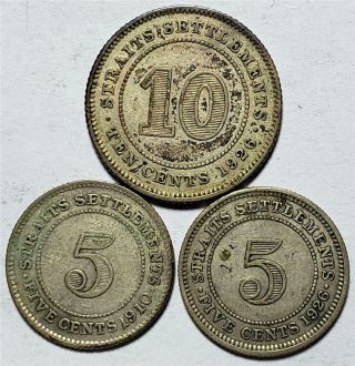 Straits Settlements,  10 Cents,  1926 Vg; 5 Cents 1910 Fine & 1926 Vf,  Silver