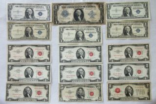 15 Usa $1,  $2,  $5 & Silver Certs,  Red Seals & Horseblanket See Pictures No Rsrv