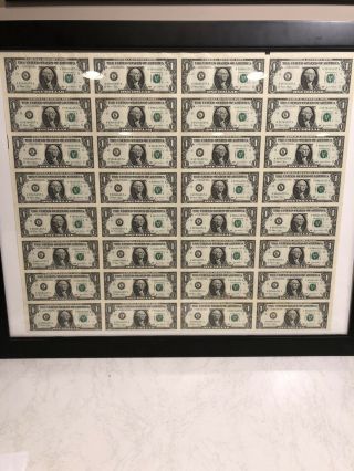 Uncut Sheet 32 X $1 Dollars With Frame Federal Reserve Notes 2003 Dallas Tx