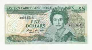 East Caribbean States Anguilla 5 Dollars 1988 - 93 Unc P22u Qeii