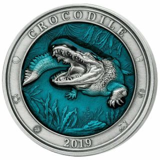 $5 Barbados 2019 3 Oz Silver Crocodile Underwater World Coin