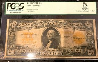 Fr.  1187 1922 Pcgs Fine 12 $20 Large Size Gold Seal Gold Certificate Note Bill