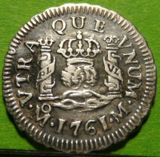 Axf,  Carlos Iii,  1/2 Real,  Dos Mundos 1761,  Mexico - M,  Silver,  Spanish Colonial