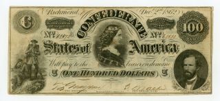 1862 T - 49 $100 The Confederate States Of America Note - Civil War Era