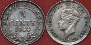 Very Fine 1944c Canada Newfoundland Silver 5 Cents