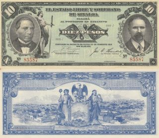 Mexico: 10 Pesos El Estado De Sinaloa 22 Feb 1915 Unc.