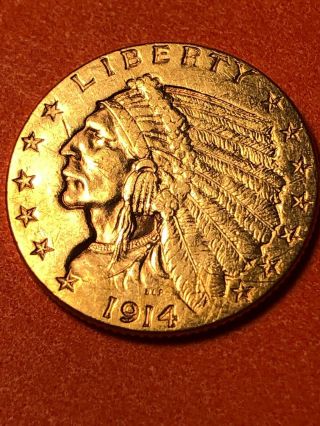 1914 $2.  50 Gold Indian Head Coin Scarce Date 2