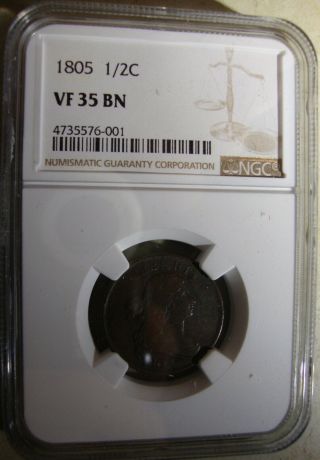 1805 Draped Bust Half Cent - Ngc Vf - 35bn - Au Looking Rev - Rotated Die