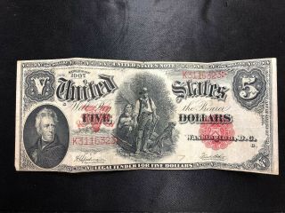 1907 $5 Five Dollars Woodchopper Red Seal United States Large Size Note - Vf