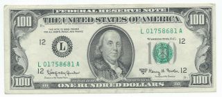 1963 A Federal Reserve Note $100 Au/unc Slider San Francisco Hundred Dollar Bill