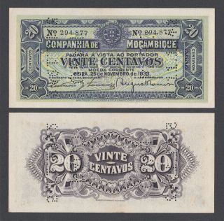 Mozambique 20 Centavos 1933 Pick R29 Unc Consecutive Perforated Pago 5.  11.  1942