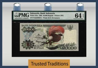 Tt Pk 132a 1992 Indonesia 20000 Rupiah " Red Bird Of Paradise " Pmg 64 Epq Choice