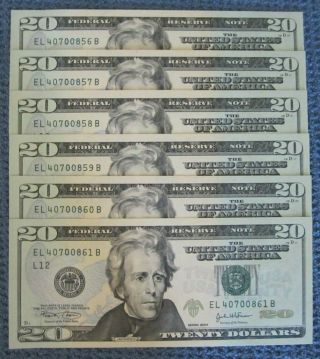 Collectible $120 Uncirculated Twenty (20) Dollar Bills In Sequential Order