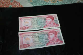 Set Of 2 20 Mexican Pesos Currency Bills.  In,  Near.