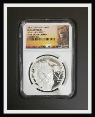 2014 Tanzania Big 5 Serengeti Lion 1000 Shillings High Relief Coin NGC PF70 UCAM 4