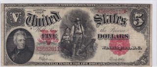 Series 1907 Five Dollars Us United States Woodchopper Legal Tender $5 Note