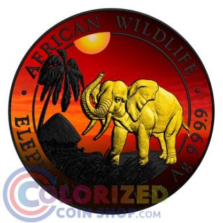 2017 1 Oz Fine Silver Elephant Somalia African Sunset 24k Ruthenium Box &