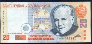 Peru 20 Nuevos Soles 13 - 10 - 2000 Serie Ax Unc Banknote