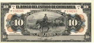 Mexico 10 Pesos Banco Estado Chihuahua Banknote 1913 Xf