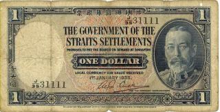Straits Settlements $1 Dollar Currency Banknote 1935