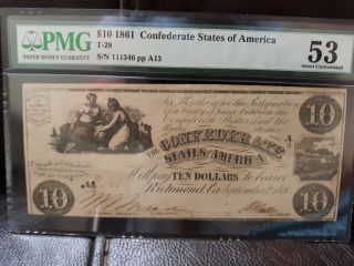 Very Scarce 1861 $10 Csa T - 28 Confederate Note Pmg - 53