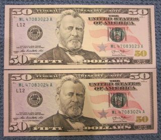 Collectible $100 Uncirculated Fifty (50) Dollar Bills In Sequential Order