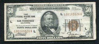 Fr.  1880 - L 1929 $50 Frbn Federal Reserve Bank Note San Francisco,  Ca Xf (c)