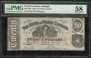 1863 $20 State Of North Carolina,  Raleigh Banknote Pmg 58 Choice About Unc.