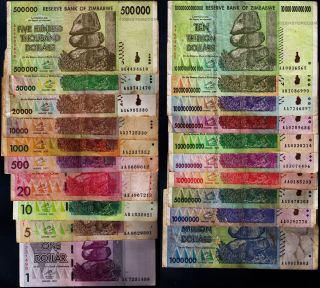 1 To 10 Trillion Zimbabwe Dollars Set Of 20 Different Bank Notes 2008 Currency