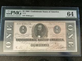 Pmg $1 1864 Confederate States Of America Banknote T71 (ref26)