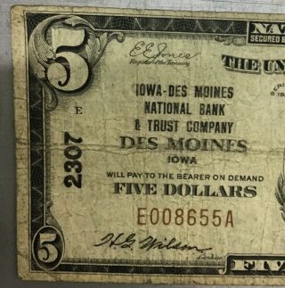 1929 Five Dollar $5 Bill National Currency Des Moines,  Iowa 2307 2