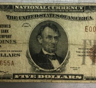 1929 Five Dollar $5 Bill National Currency Des Moines,  Iowa 2307 3