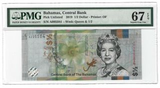 2019 Bahamas $1/2 Dollar 50 Cents,  Pmg 67 Epq Gem Unc,  P - Qeii Type
